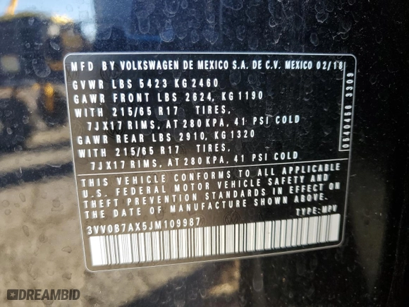 2018 Volkswagen Tiguan S with VIN 3VV0B7AX5JM109987, listed as a Copart auction lot 49437135 with 94,847 mi miles and Salvage Title. Bid and sale history available at carsss.com. Image 15.