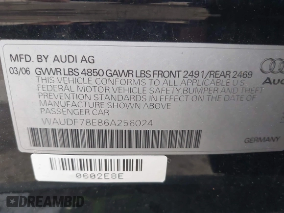 2006 Audi A4 2.0T z VIN WAUDF78E86A256024, wystawiony jako IAAI lot #41958250 z przebiegiem 118 448 mil mil oraz . Historia ofert i sprzedaży dostępna na DreamBid. Obrazek 9.