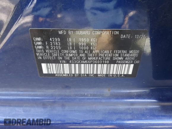 2023 Subaru Impreza Special Sports with VIN 4S3GKAM66P3603198, listed as a IAAI auction lot 41742498 with 40,310 mi miles and . Bid and sale history available at DreamBid. Image 9.
