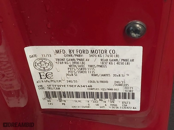 2014 Ford F-150 XL with VIN 1FTFW1ET5EFA34148, listed as a IAAI auction lot 41722716 with 66,928 mi miles. Bid and sale history available at carsss.com. Image 9.
