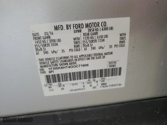 2016 Ford Explorer Platinum with VIN 1FM5K8HT4GGC71606, listed as a Copart auction lot 48706455 with 121,063 mi miles and Clean Title. Bid and sale history available at carsss.com. Image 13.