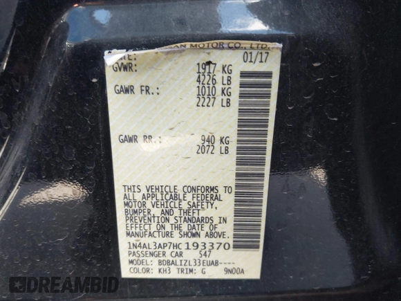 2017 Nissan Altima SV with VIN 1N4AL3AP7HC193370, listed as a IAAI auction lot 42405907 with 107,098 mi miles and . Bid and sale history available at DreamBid. Image 9.