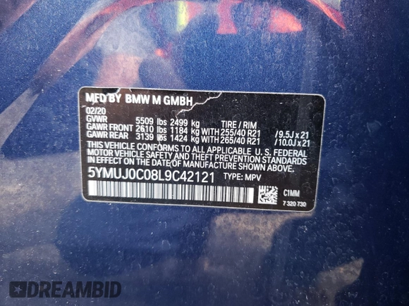 2020 BMW X4 M Competition z VIN 5YMUJ0C08L9C42121, wystawiony jako Copart lot #52499963 z przebiegiem 20 984 mil mil oraz . Historia ofert i sprzedaży dostępna na DreamBid. Obrazek 13.