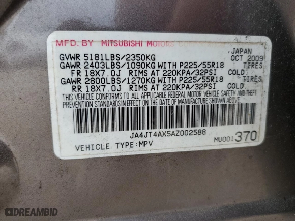 2010 Mitsubishi Outlander XLS with VIN JA4JT4AX5AZ002588, listed as a Copart auction lot 84287184 with 184,195 mi miles and Salvage Title. Bid and sale history available at carsss.com. Image 13.