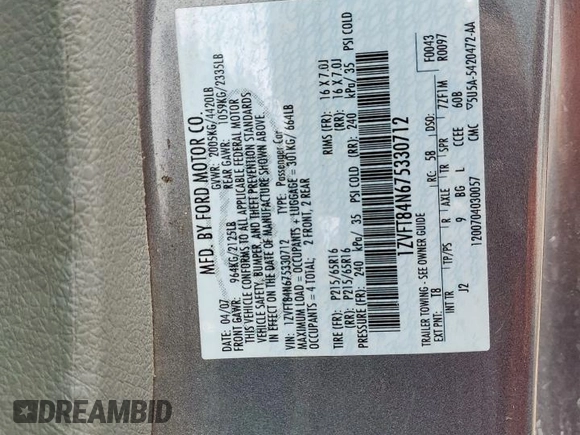2007 Ford Mustang Deluxe with VIN 1ZVFT84N675330712, listed as a Copart auction lot 58337415 with 105,123 mi miles and Salvage title. Bid and sale history available at DreamBid. Image 12.