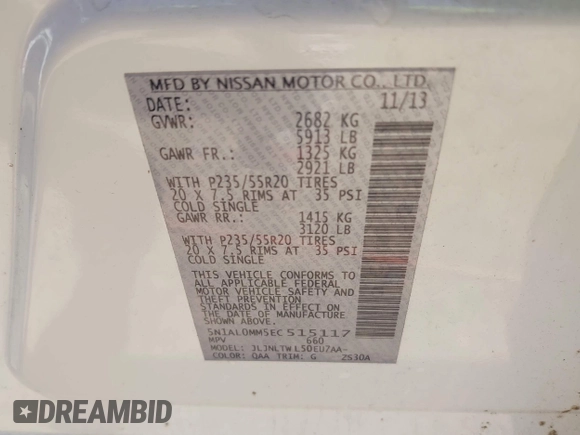 2014 Infiniti QX60 with VIN 5N1AL0MM5EC515117, listed as a IAAI auction lot 41995201 with 177,988 mi miles and . Bid and sale history available at carsss.com. Image 9.