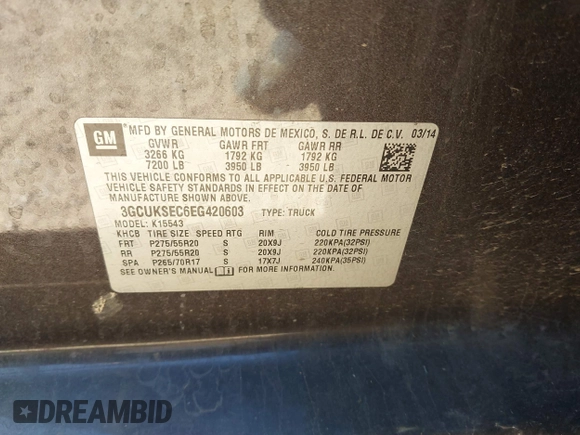 2014 Chevrolet Silverado 1500 LTZ with VIN 3GCUKSEC6EG420603, listed as a IAAI auction lot 41756902 with 112,929 mi miles and . Bid and sale history available at DreamBid. Image 9.