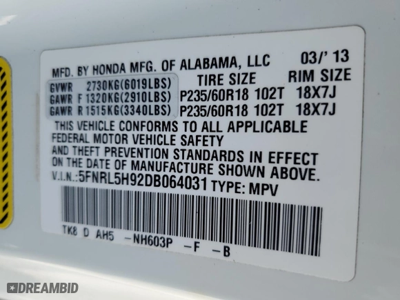 2013 Honda Odyssey Touring with VIN 5FNRL5H92DB064031, listed as a Copart auction lot 53559395 with 170,967 mi miles and Clean Title. Bid and sale history available at carsss.com. Image 13.