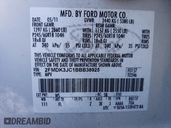 2011 Ford Edge SEL with VIN 2FMDK3JC1BBB38925, listed as a Copart auction lot 46193535 with 101,641 mi miles and Salvage Title. Bid and sale history available at carsss.com. Image 13.