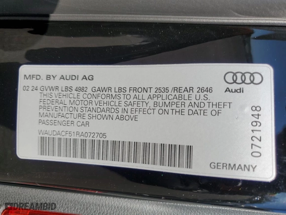 2024 Audi A5 Sportback S line Premium with VIN WAUDACF51RA072705, listed as a Copart auction lot 70411354 with 1,856 mi miles and Salvage Title. Bid and sale history available at carsss.com. Image 13.