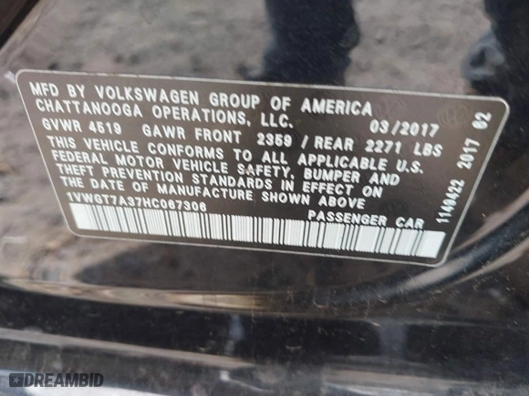 2017 Volkswagen Passat 1.8T SE w/Technology with VIN 1VWGT7A37HC067306, listed as a IAAI auction lot 41946439 with 68,889 mi miles. Bid and sale history available at carsss.com. Image 9.