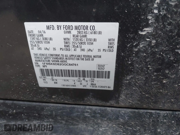 2016 Ford Explorer XLT with VIN 1FM5K8D82GGC84761, listed as a IAAI auction lot 41865916 with 226,883 mi miles and . Bid and sale history available at DreamBid. Image 9.