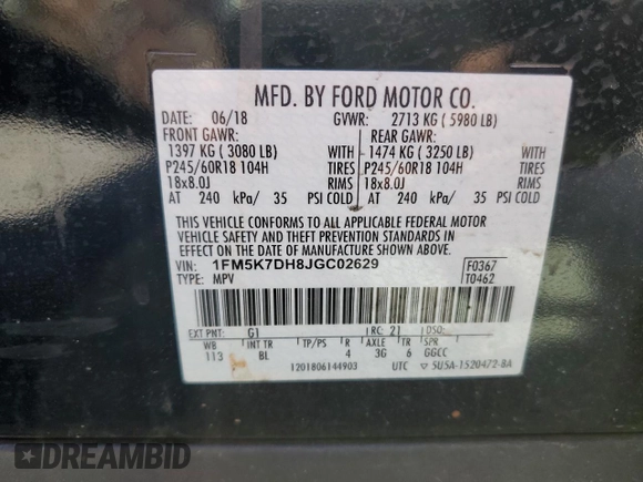 2018 Ford Explorer XLT with VIN 1FM5K7DH8JGC02629, listed as a Copart auction lot 50607615 with 71,018 mi miles and Salvage Title. Bid and sale history available at DreamBid. Image 16.