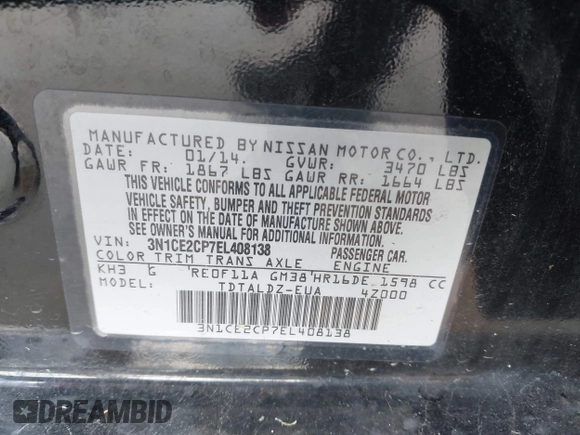 2014 Nissan Note S Plus with VIN 3N1CE2CP7EL408138, listed as a IAAI auction lot 42537576 with 115,461 mi miles and . Bid and sale history available at DreamBid. Image 9.
