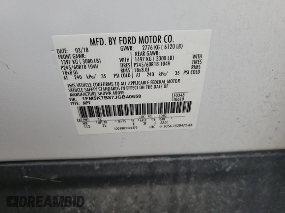 2018 Ford Explorer with VIN 1FM5K7B87JGB40658, listed as a Copart auction lot 52546795 with 74,297 mi miles and Salvage title. Bid and sale history available at DreamBid. Image 13.