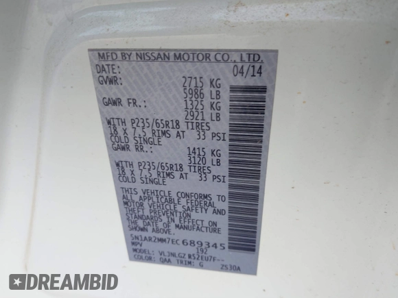2014 Nissan Pathfinder S with VIN 5N1AR2MM7EC689345, listed as a IAAI auction lot 41868799 with 101,068 mi miles and . Bid and sale history available at DreamBid. Image 9.