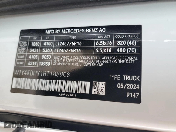 2024 Mercedes-Benz Sprinter Cargo with VIN W1Y4KBHY1RT188908, listed as a Copart auction lot 46227725 with 4,828 mi miles and Non Repairable. Bid and sale history available at carsss.com. Image 13.