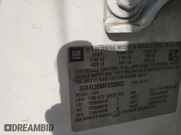 2015 Chevrolet Captiva Sport LT with VIN 3GNAL3EK6FS528982, listed as a Copart auction lot 75797594 with 95,795 mi miles and Salvage Title. Bid and sale history available at DreamBid. Image 13.
