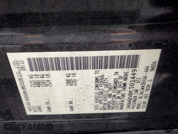 2023 Nissan Maxima SR with VIN 1N4AA6EV8PC501449, listed as a Copart auction lot 46982095 with 19,653 mi miles and Salvage title. Bid and sale history available at DreamBid. Image 12.