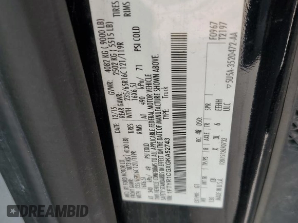 2016 Ford Transit с VIN 1FTYR1CGXGKA52743, выставлен на аукционе Copart как лот 62678565 с пробегом 186 252 миль миль и Чистый • Clean title. История ставок и продаж доступна на DreamBid. Изображение 12.