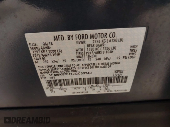 2018 Ford Explorer with VIN 1FM5K8BH1JGC35349, listed as a IAAI auction lot 41594331 with 75,586 mi miles and . Bid and sale history available at DreamBid. Image 9.