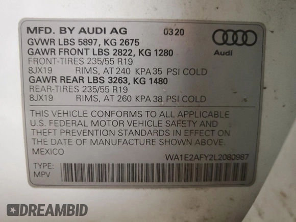 2020 Audi Q5 Premium Plus with VIN WA1E2AFY2L2080987, listed as a Copart auction lot 89344955 with 55,463 mi miles and Salvage title. Bid and sale history available at DreamBid. Image 14.