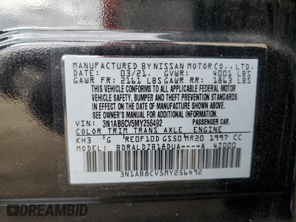 2021 Nissan Sentra SV with VIN 3N1AB8CV5MY256492, listed as a Copart auction lot 51407965 with 58,153 mi miles and Salvage title. Bid and sale history available at DreamBid. Image 14.