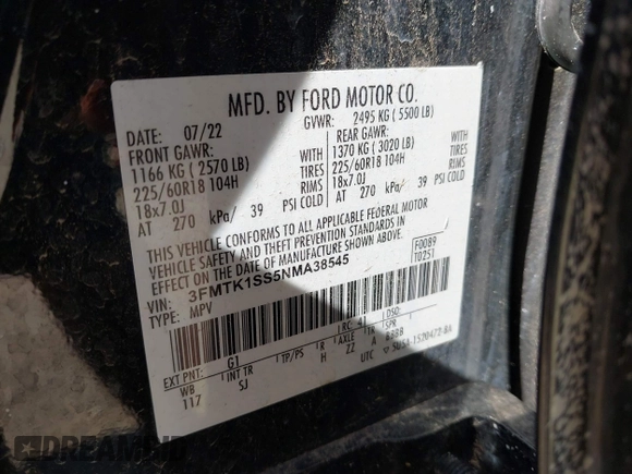 2022 Ford Mustang Mach-E Select с VIN 3FMTK1SS5NMA38545, выставлен на аукционе IAAI как лот 42546256 с пробегом 48 472 миль миль и . История ставок и продаж доступна на DreamBid. Изображение 9.