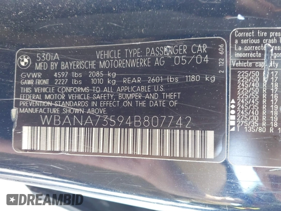 2004 BMW 5 Series 530i with VIN WBANA73594B807742, listed as a IAAI auction lot 42264183 with Not provided miles and . Bid and sale history available at DreamBid. Image 9.
