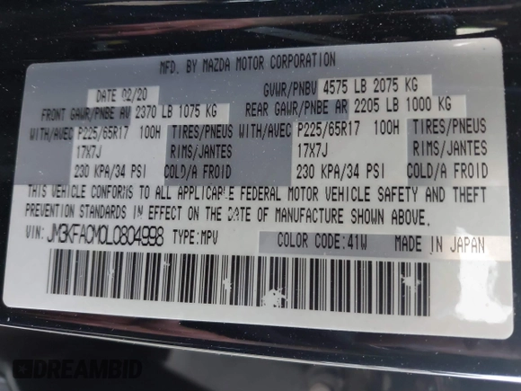 2020 Mazda CX-5 Touring with VIN JM3KFACM0L0804998, listed as a IAAI auction lot 41850998 with 44,519 mi miles. Bid and sale history available at carsss.com. Image 9.