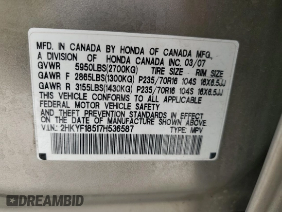 2007 Honda Pilot EX-L with VIN 2HKYF18517H536587, listed as a Copart auction lot 51459635 with 162,346 mi miles and Salvage Title. Bid and sale history available at DreamBid. Image 13.