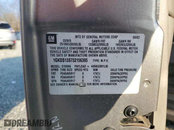 2003 GMC Envoy SLE with VIN 1GKDS13S732156385, listed as a Copart auction lot 79925184 with 233,958 mi miles and Salvage Title. Bid and sale history available at carsss.com. Image 14.