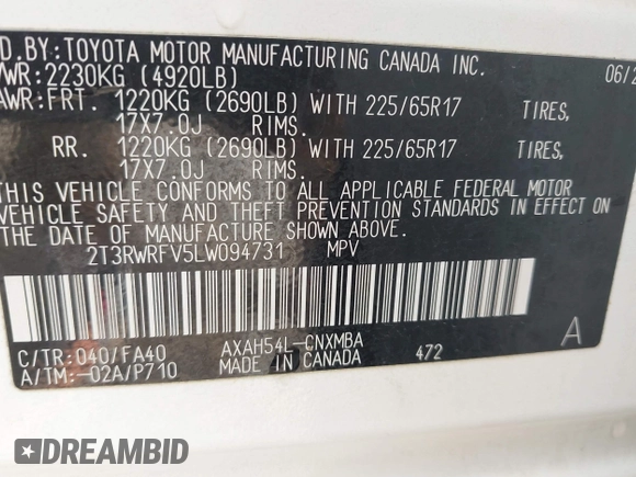 2020 Toyota RAV4 Hybrid XLE with VIN 2T3RWRFV5LW094731, listed as a IAAI auction lot 42349123 with 60,927 mi miles and . Bid and sale history available at DreamBid. Image 9.