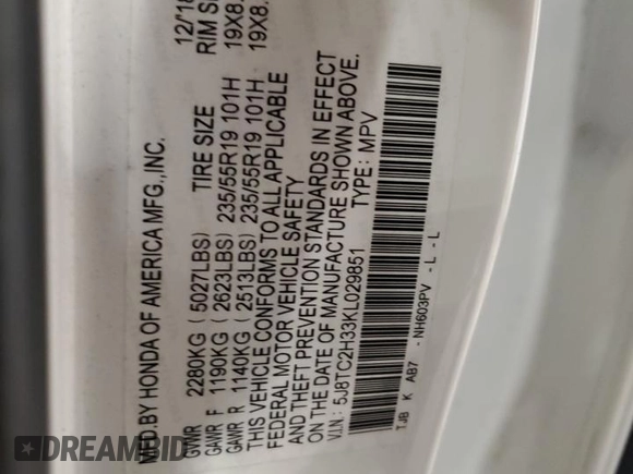 2019 Acura RDX with VIN 5J8TC2H33KL029851, listed as a Copart auction lot 54270025 with Not provided miles and Clean title. Bid and sale history available at DreamBid. Image 13.