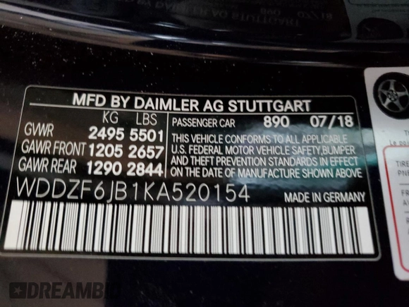 2019 Mercedes-Benz E 450 with VIN WDDZF6JB1KA520154, listed as a Copart auction lot 86369674 with 99,956 mi miles and Salvage Title. Bid and sale history available at DreamBid. Image 12.