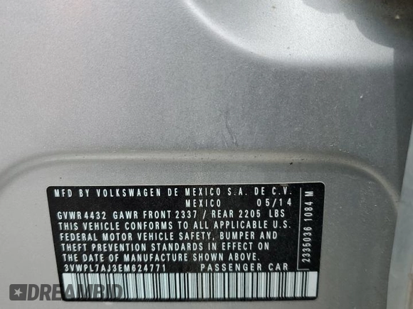 2014 Volkswagen Jetta TDI w/Sunroof & Nav with VIN 3VWPL7AJ3EM624771, listed as a Copart auction lot 55927955 with 99,424 mi miles and Salvage title. Bid and sale history available at DreamBid. Image 12.