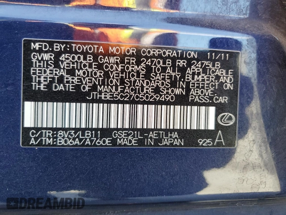 2012 Lexus IS 350 with VIN JTHBE5C27C5029490, listed as a Copart auction lot 46371965 with 83,548 mi miles and Salvage title. Bid and sale history available at DreamBid. Image 12.