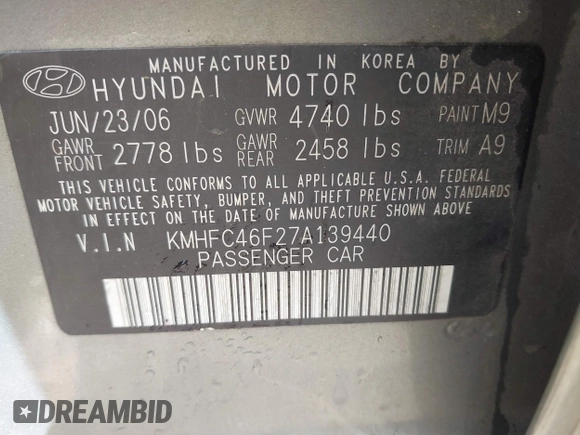 2007 Hyundai Azera SE with VIN KMHFC46F27A139440, listed as a IAAI auction lot 42058893 with 218,540 mi miles. Bid and sale history available at carsss.com. Image 9.