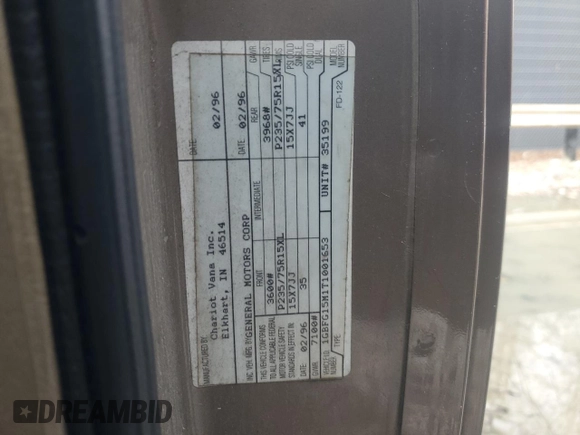 1996 Chevrolet Chevy Van z VIN 1GBFG15M1T1001653, wystawiony jako Copart lot #84589274 z przebiegiem Nie podano mil oraz Nie do naprawy • Non repairable. Historia ofert i sprzedaży dostępna na DreamBid. Obrazek 14.