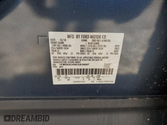 2019 Ford Explorer XLT z VIN 1FM5K8D88KGA39097, wystawiony jako Copart lot #61062594 z przebiegiem 35 578 mil mil oraz Szkoda całkowita • Salvage title. Historia ofert i sprzedaży dostępna na DreamBid. Obrazek 13.