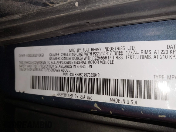 2009 Subaru Outback Limited with VIN 4S4BP66C497335948, listed as a IAAI auction lot 42002077 with 216,283 mi miles and . Bid and sale history available at DreamBid. Image 9.