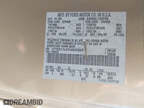 2000 Ford F-150 XL with VIN 1FTRX17L8YNB02069, listed as a IAAI auction lot 41813272 with 279,042 mi miles and . Bid and sale history available at DreamBid. Image 9.