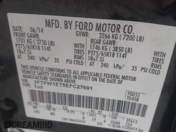 2014 Ford F-150 XL with VIN 1FTFW1ET5EFC27691, listed as a IAAI auction lot 41964611 with 155,816 mi miles and . Bid and sale history available at DreamBid. Image 9.