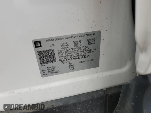 2021 Chevrolet Equinox LT with VIN 2GNAXUEV5M6124913, listed as a Copart auction lot 58450615 with 97,415 mi miles and Salvage title. Bid and sale history available at DreamBid. Image 13.