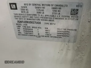 2013 Chevrolet Equinox LT with VIN 2GNFLEEK9D6275430, listed as a Copart auction lot 52735935 with Not Provided miles and Salvage Title. Bid and sale history available at DreamBid. Image 13.