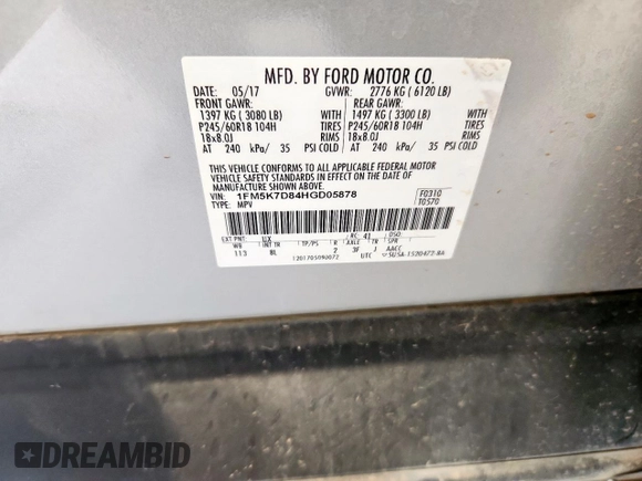 2017 Ford Explorer XLT with VIN 1FM5K7D84HGD05878, listed as a Copart auction lot 58927695 with 117,559 mi miles and Salvage title. Bid and sale history available at DreamBid. Image 13.