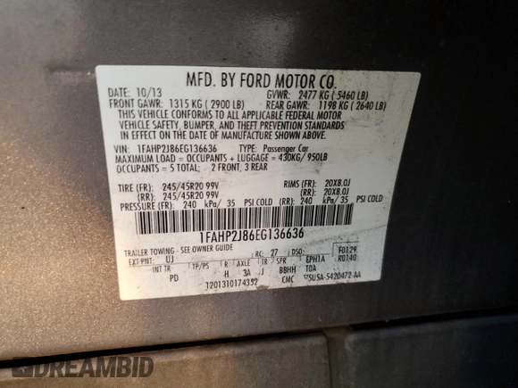2014 Ford Taurus Limited с VIN 1FAHP2J86EG136636, выставлен на аукционе Copart как лот 49557385 с пробегом 154 065 миль миль и Списание • Salvage title. История ставок и продаж доступна на DreamBid. Изображение 14.