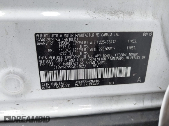 2019 Toyota RAV4 XLE with VIN 2T3W1RFV5KW051023, listed as a IAAI auction lot 40970612 with 106,359 mi miles and . Bid and sale history available at DreamBid. Image 9.
