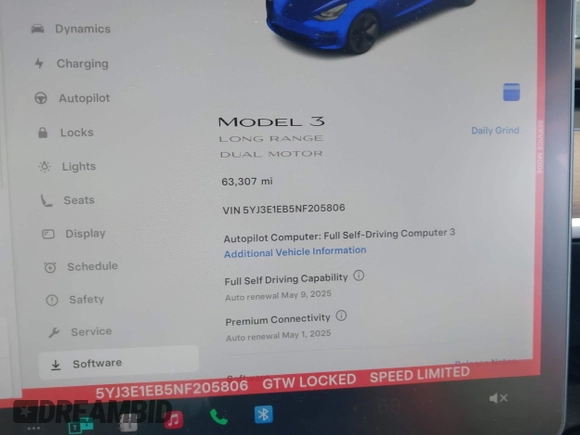 2022 Tesla Model 3 Long Range z VIN 5YJ3E1EB5NF205806, wystawiony jako IAAI lot #42063489 z przebiegiem 63 307 mil mil oraz . Historia ofert i sprzedaży dostępna na DreamBid. Obrazek 7.