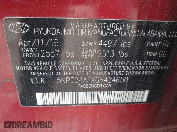 2016 Hyundai Sonata SE with VIN 5NPE24AFXGH424650, listed as a IAAI auction lot 42192639 with 126,632 mi miles and . Bid and sale history available at carsss.com. Image 9.